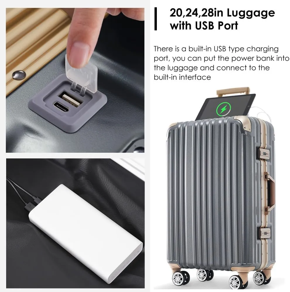 1pc 20in Aluminum Frame Luggage with USB port, Vacation Carry-On Suitcase with Spinner Wheels and TSA Lock, (Dark Gray   ABS PC-1)