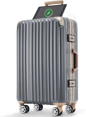 1pc 20in Aluminum Frame Luggage with USB port, Vacation Carry-On Suitcase with Spinner Wheels and TSA Lock, (Dark Gray   ABS PC-1)