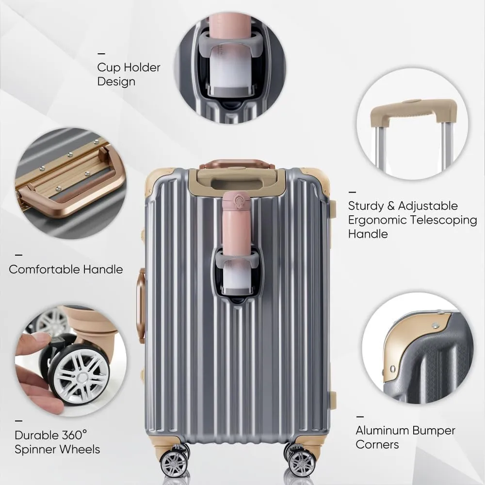 1pc 20in Aluminum Frame Luggage with USB port, Vacation Carry-On Suitcase with Spinner Wheels and TSA Lock, (Dark Gray   ABS PC-1)