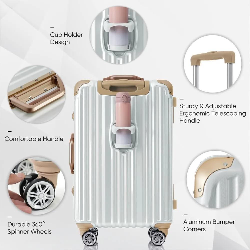 1pc 20in Aluminum Frame Luggage with USB port, Vacation Carry-On Suitcase with Spinner Wheels and TSA Lock, (Gloss White   ABS PC-1)