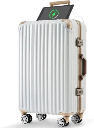 1pc 20in Aluminum Frame Luggage with USB port, Vacation Carry-On Suitcase with Spinner Wheels and TSA Lock, (Gloss White   ABS PC-1)