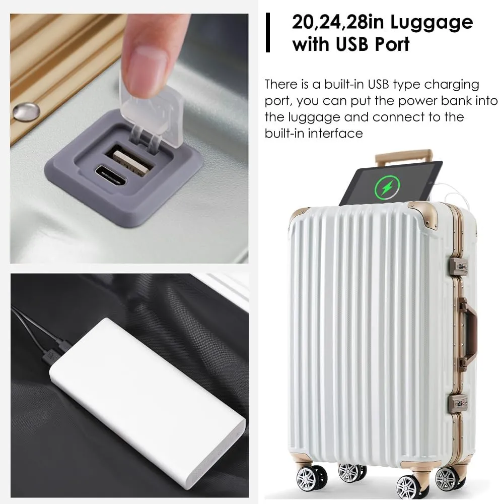 1pc 20in Aluminum Frame Luggage with USB port, Vacation Carry-On Suitcase with Spinner Wheels and TSA Lock, (Gloss White   ABS PC-1)