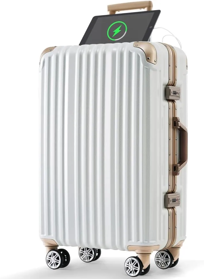 1pc 20in Aluminum Frame Luggage with USB port, Vacation Carry-On Suitcase with Spinner Wheels and TSA Lock, (Gloss White   ABS PC)
