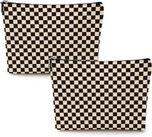 2 Pcs Checkered Makeup Bags Make up Bag Cosmetic Bags for Women Girls Sister Bestie Friendship Graduation Christmas Birthday Mothers Day Aesthetic Travel Toiletry Bag, Cute Black Plaid
