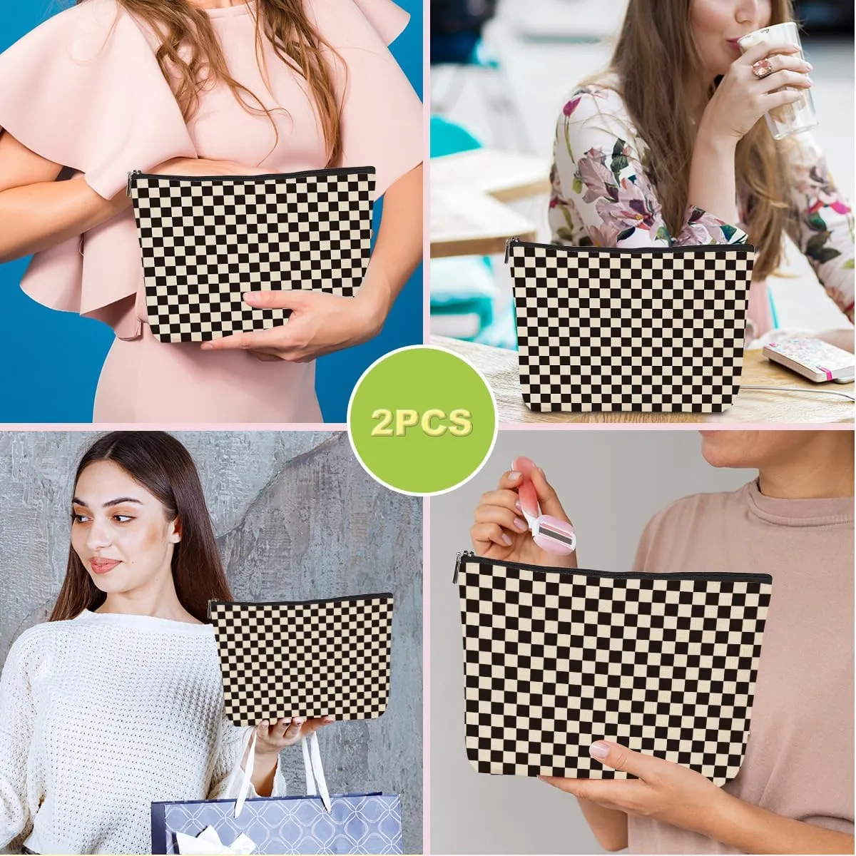 2 Pcs Checkered Makeup Bags Make up Bag Cosmetic Bags for Women Girls Sister Bestie Friendship Graduation Christmas Birthday Mothers Day Aesthetic Travel Toiletry Bag, Cute Black Plaid