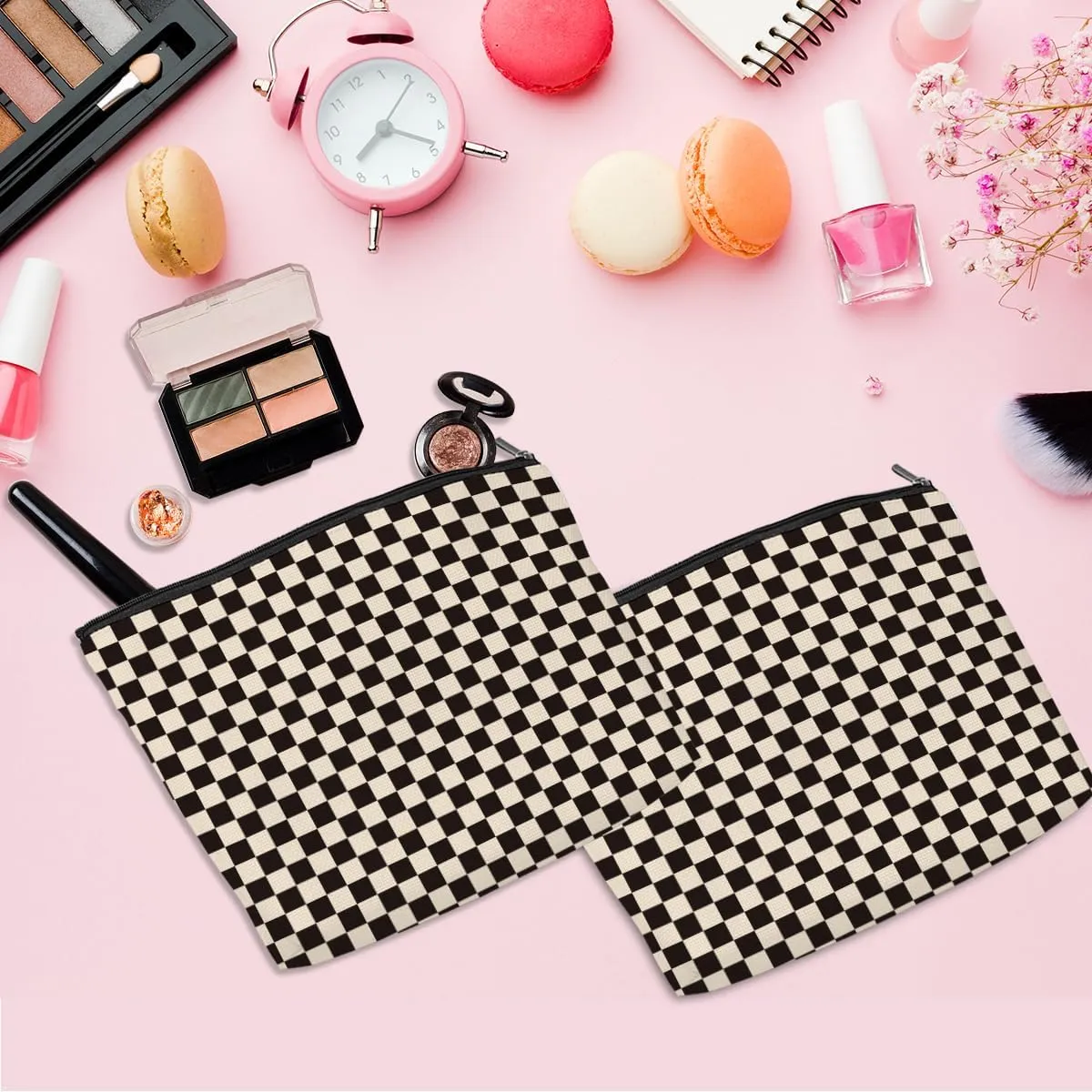 2 Pcs Checkered Makeup Bags Make up Bag Cosmetic Bags for Women Girls Sister Bestie Friendship Graduation Christmas Birthday Mothers Day Aesthetic Travel Toiletry Bag, Cute Black Plaid