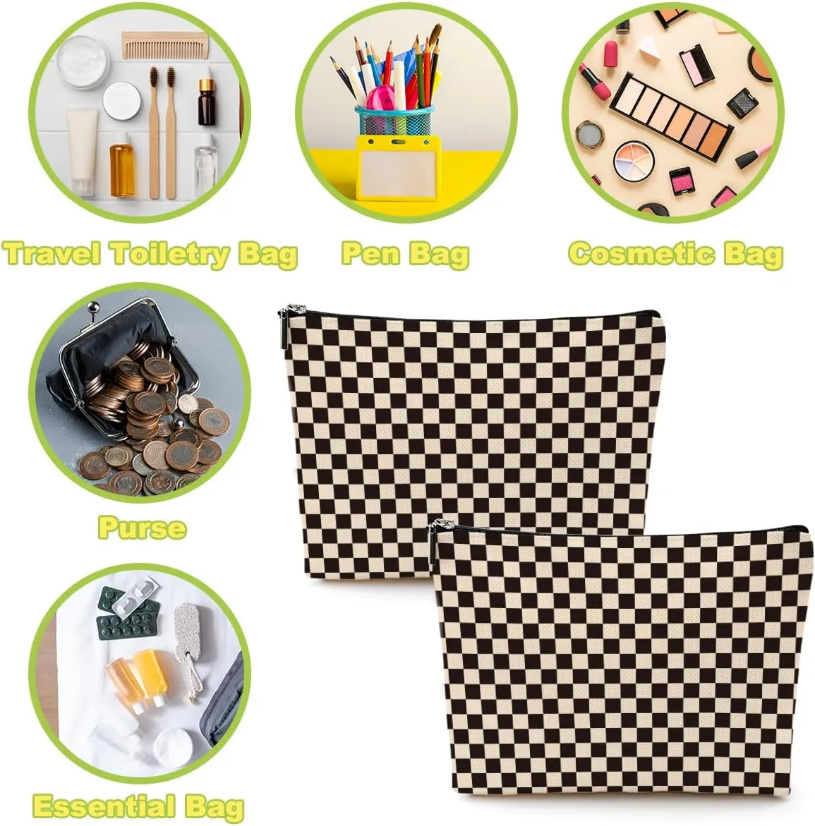 2 Pcs Checkered Makeup Bags Make up Bag Cosmetic Bags for Women Girls Sister Bestie Friendship Graduation Christmas Birthday Mothers Day Aesthetic Travel Toiletry Bag, Cute Black Plaid