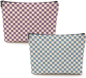 2 Pcs Checkered Makeup Bags Make up Bag Cosmetic Bags for Women Girls Sister Bestie Friendship Graduation Thank You Gifts Birthday Mothers Day Aesthetic Travel Toiletry Bag, Cute Blue Purple Plaid