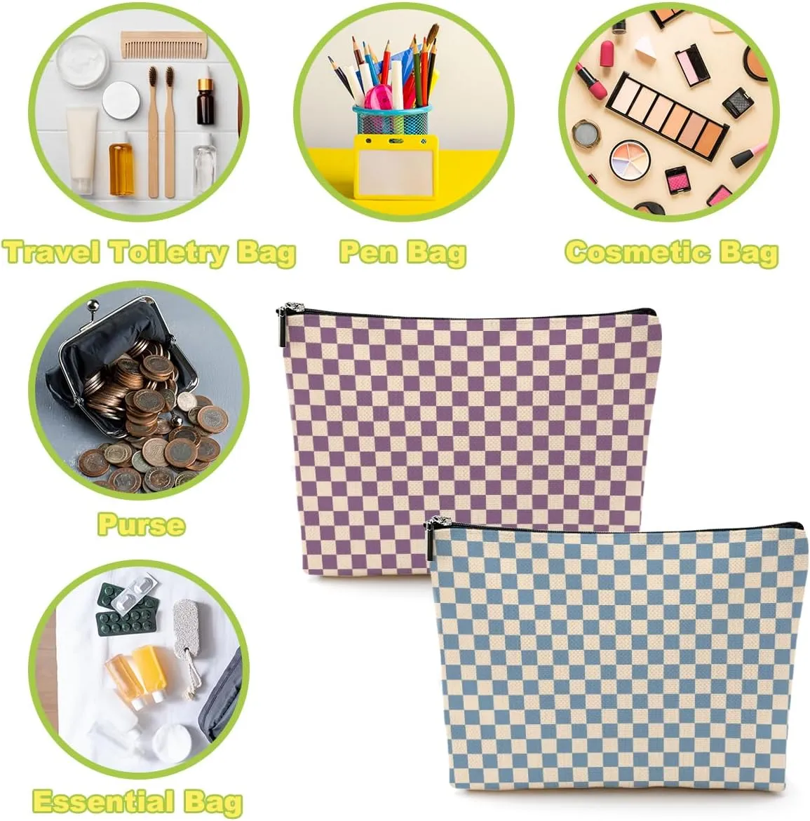 2 Pcs Checkered Makeup Bags Make up Bag Cosmetic Bags for Women Girls Sister Bestie Friendship Graduation Thank You Gifts Birthday Mothers Day Aesthetic Travel Toiletry Bag, Cute Blue Purple Plaid