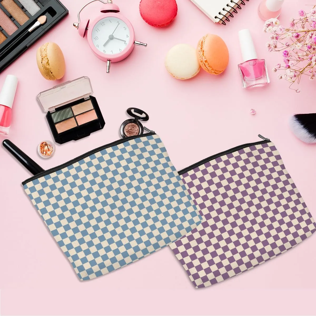 2 Pcs Checkered Makeup Bags Make up Bag Cosmetic Bags for Women Girls Sister Bestie Friendship Graduation Thank You Gifts Birthday Mothers Day Aesthetic Travel Toiletry Bag, Cute Blue Purple Plaid