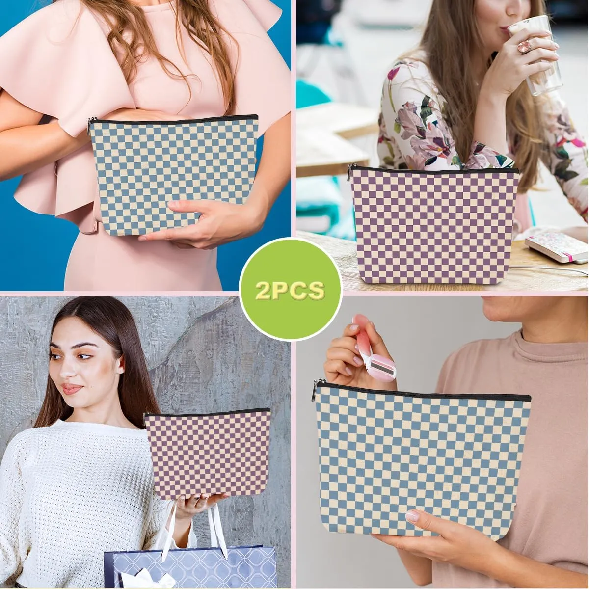 2 Pcs Checkered Makeup Bags Make up Bag Cosmetic Bags for Women Girls Sister Bestie Friendship Graduation Thank You Gifts Birthday Mothers Day Aesthetic Travel Toiletry Bag, Cute Blue Purple Plaid