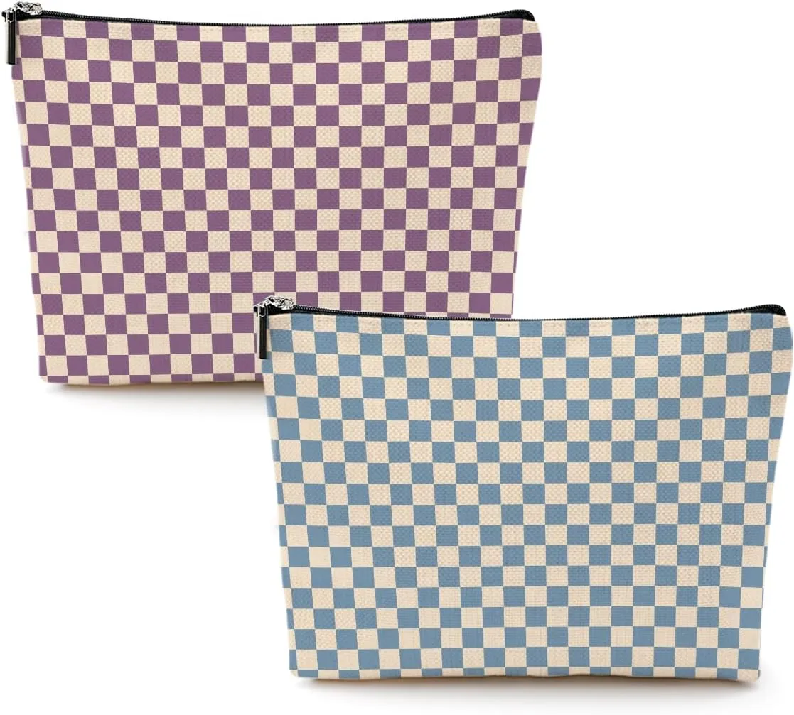 2 Pcs Checkered Makeup Bags Make up Bag Cosmetic Bags for Women Girls Sister Bestie Friendship Graduation Thank You Gifts Birthday Mothers Day Aesthetic Travel Toiletry Bag, Cute Blue Purple Plaid