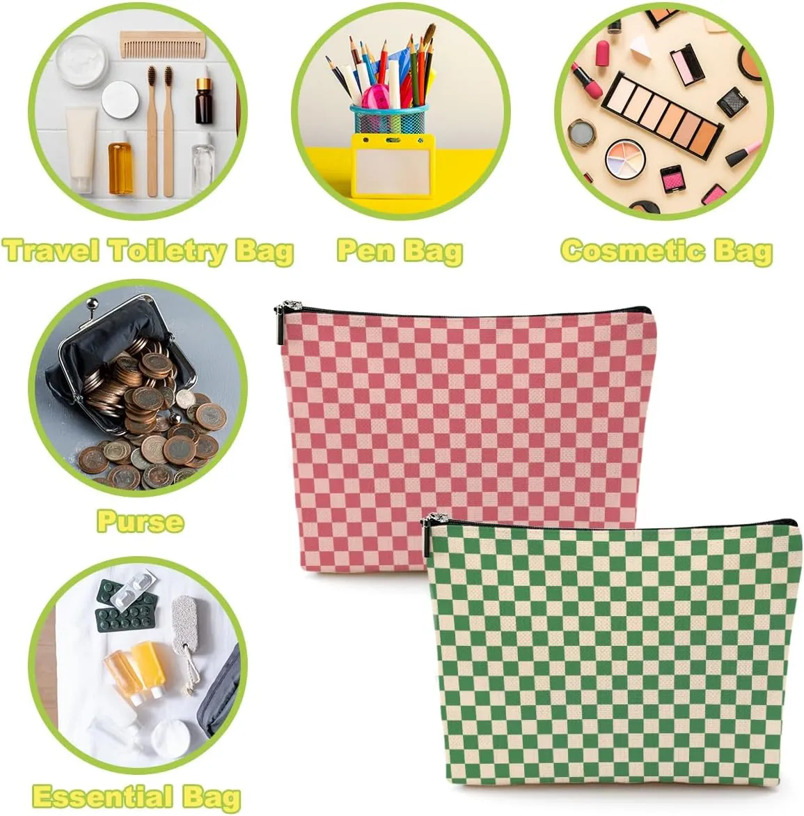 2 Pcs Checkered Makeup Bags Make up Bag Cosmetic Bags for Women Girls Sister Bridesmaid Friendship Graduation Thank You Gifts End Of The Year Aesthetic Travel Toiletry Bag, Cute Green Pink Plaid