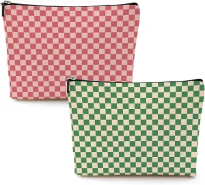 2 Pcs Checkered Makeup Bags Make up Bag Cosmetic Bags for Women Girls Sister Bridesmaid Friendship Graduation Thank You Gifts End Of The Year Aesthetic Travel Toiletry Bag, Cute Green Pink Plaid