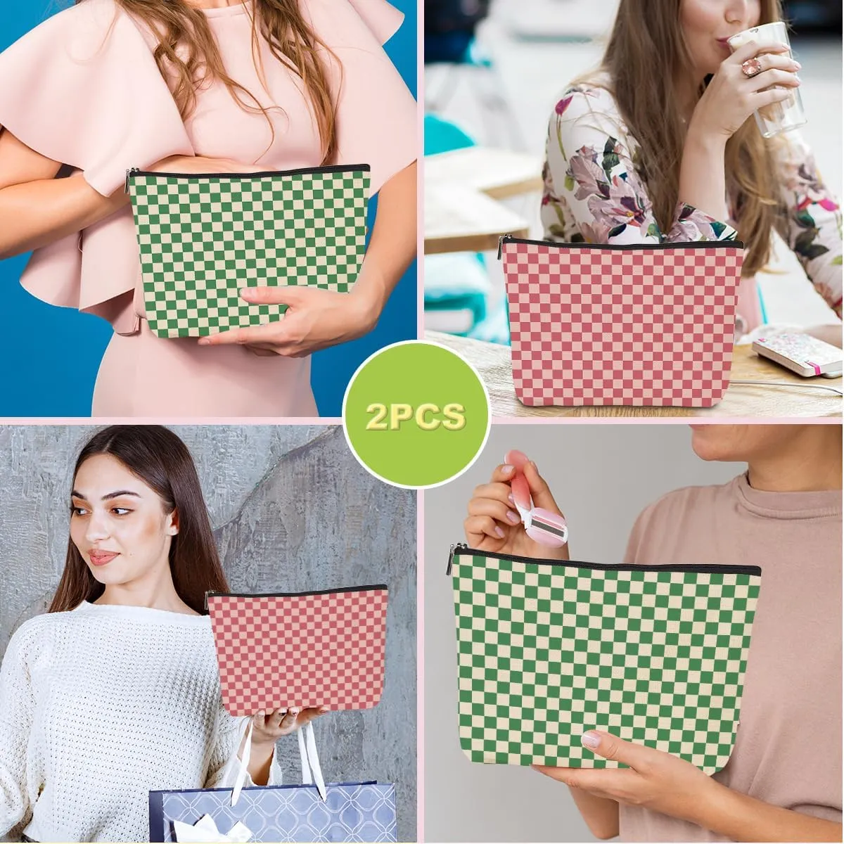 2 Pcs Checkered Makeup Bags Make up Bag Cosmetic Bags for Women Girls Sister Bridesmaid Friendship Graduation Thank You Gifts End Of The Year Aesthetic Travel Toiletry Bag, Cute Green Pink Plaid