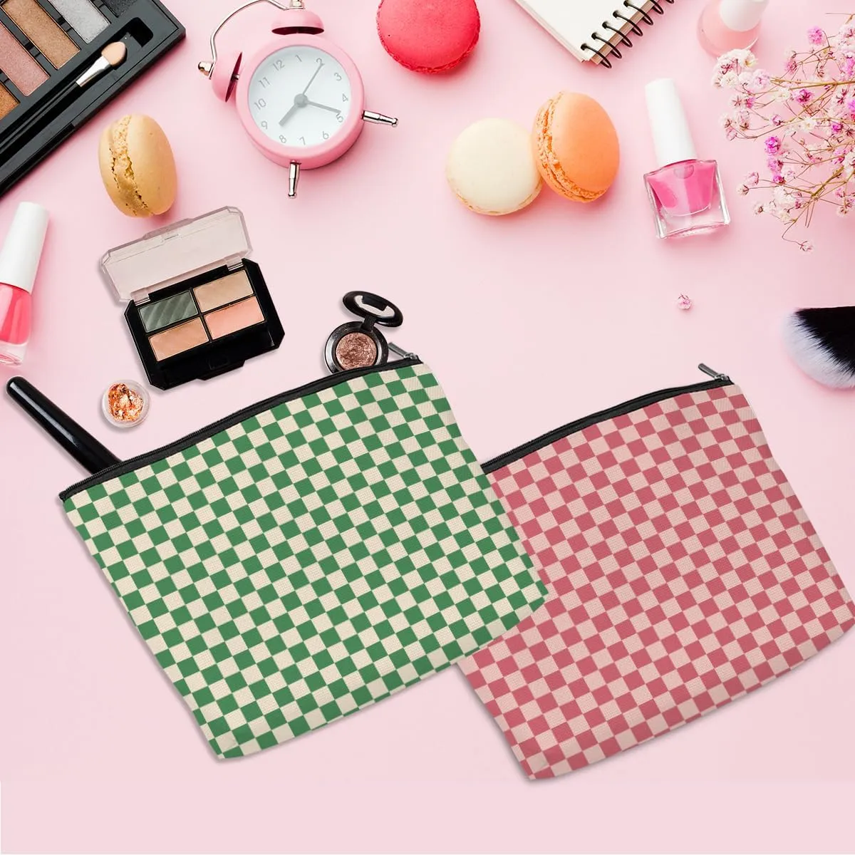 2 Pcs Checkered Makeup Bags Make up Bag Cosmetic Bags for Women Girls Sister Bridesmaid Friendship Graduation Thank You Gifts End Of The Year Aesthetic Travel Toiletry Bag, Cute Green Pink Plaid