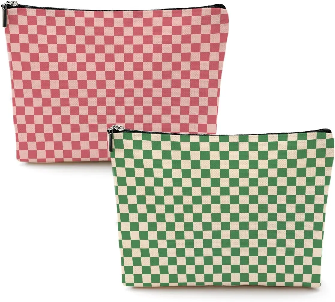 2 Pcs Checkered Makeup Bags Make up Bag Cosmetic Bags for Women Girls Sister Bridesmaid Friendship Graduation Thank You Gifts End Of The Year Aesthetic Travel Toiletry Bag, Cute Green Pink Plaid