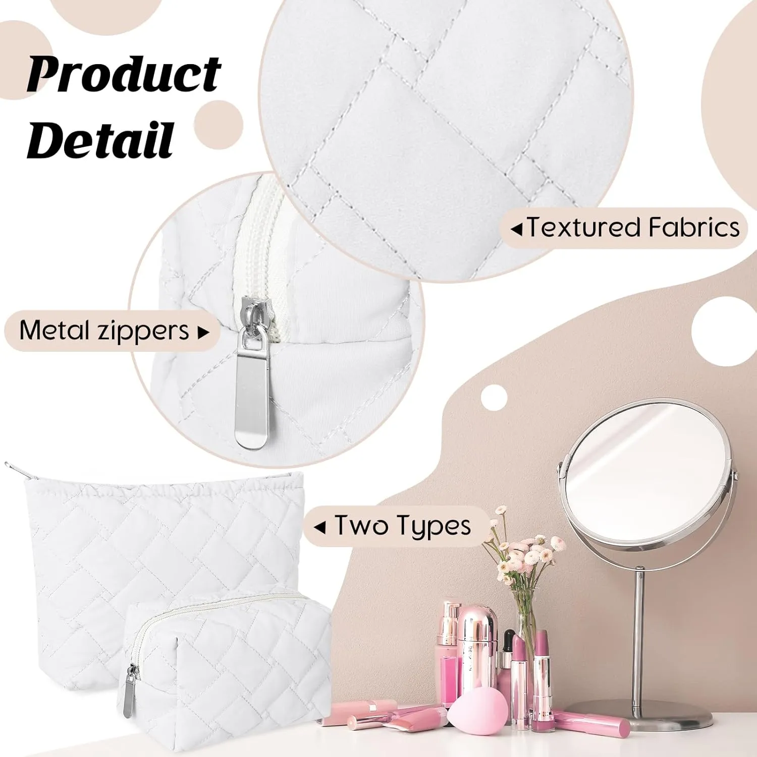 2 Pieces Quilted Makeup Bag Set for Women,Cosmetic Bag,Preppy Travel Make Up Bags for Women,Cute Puffer Travel Makeup Toiletry Bags Set, Easter Birthday Gifts for Teen Girls(White)