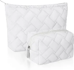 2 Pieces Quilted Makeup Bag Set for Women,Cosmetic Bag,Preppy Travel Make Up Bags for Women,Cute Puffer Travel Makeup Toiletry Bags Set, Easter Birthday Gifts for Teen Girls(White)