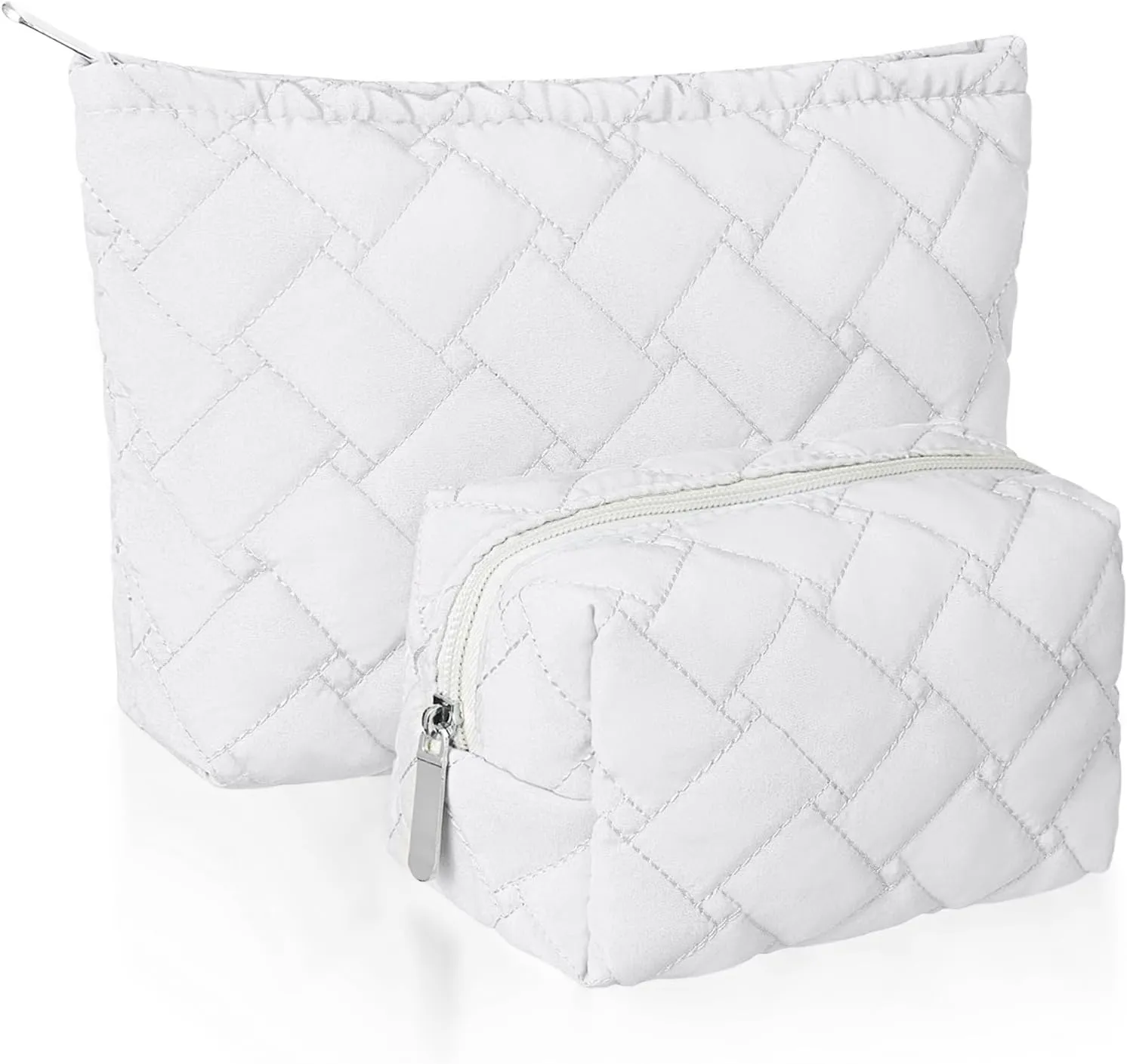 2 Pieces Quilted Makeup Bag Set for Women,Cosmetic Bag,Preppy Travel Make Up Bags for Women,Cute Puffer Travel Makeup Toiletry Bags Set, Easter Birthday Gifts for Teen Girls(White)