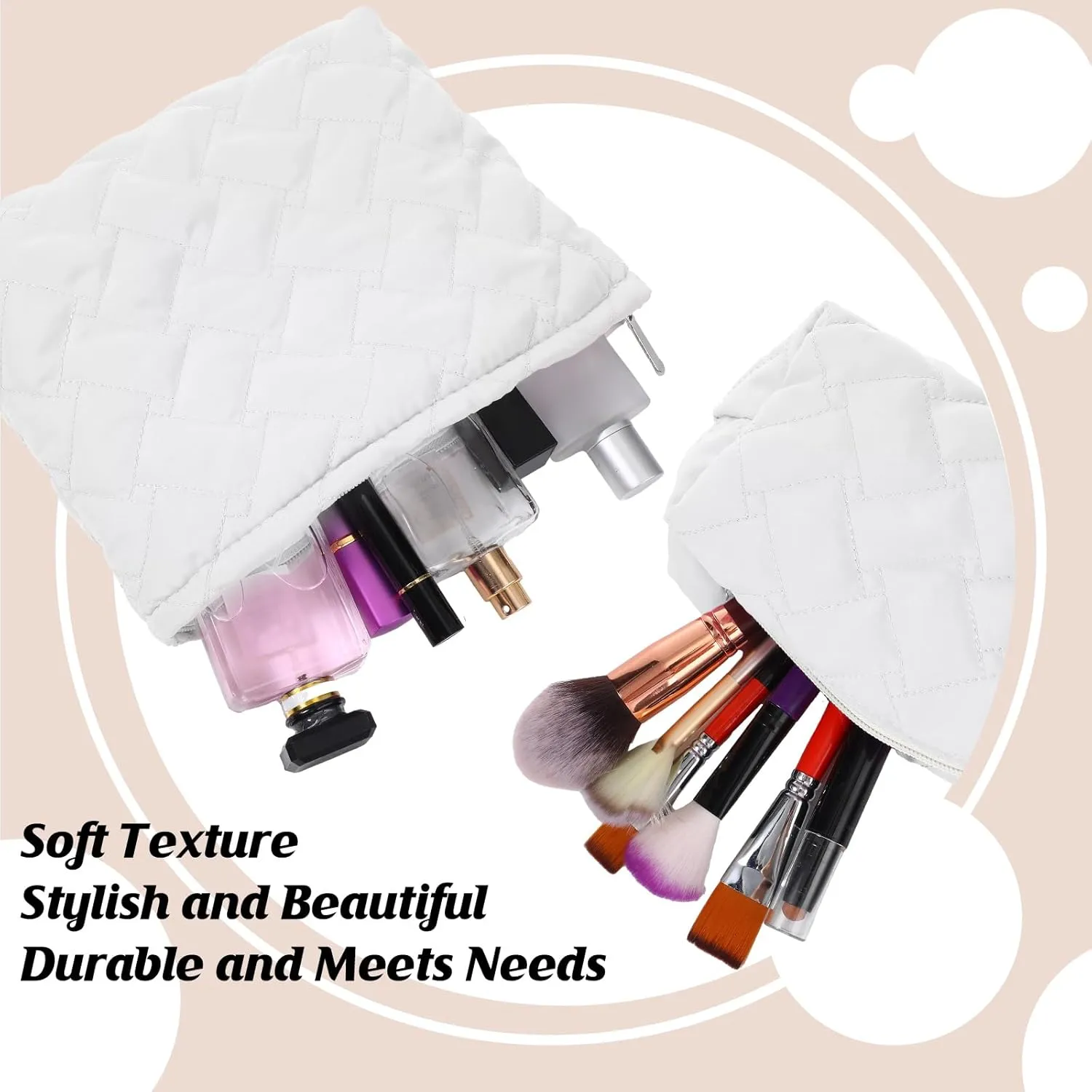 2 Pieces Quilted Makeup Bag Set for Women,Cosmetic Bag,Preppy Travel Make Up Bags for Women,Cute Puffer Travel Makeup Toiletry Bags Set, Easter Birthday Gifts for Teen Girls(White)