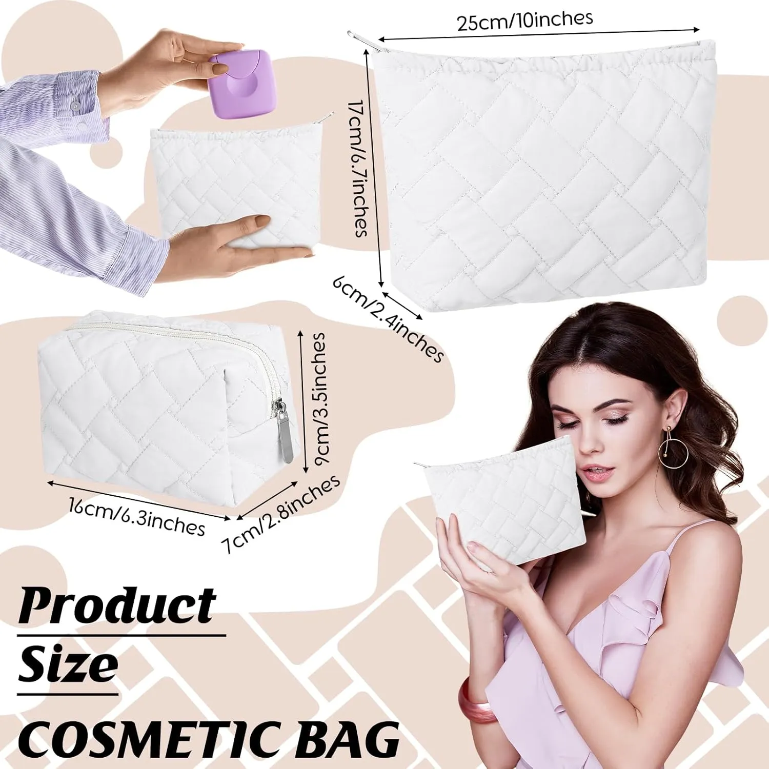 2 Pieces Quilted Makeup Bag Set for Women,Cosmetic Bag,Preppy Travel Make Up Bags for Women,Cute Puffer Travel Makeup Toiletry Bags Set, Easter Birthday Gifts for Teen Girls(White)