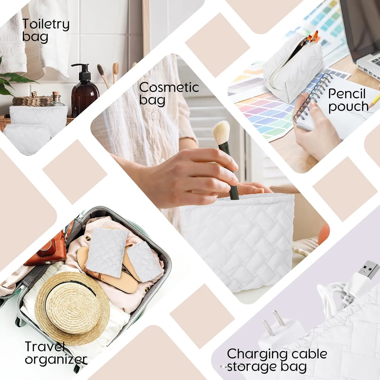 2 Pieces Quilted Makeup Bag Set for Women,Cosmetic Bag,Preppy Travel Make Up Bags for Women,Cute Puffer Travel Makeup Toiletry Bags Set, Easter Birthday Gifts for Teen Girls(White)