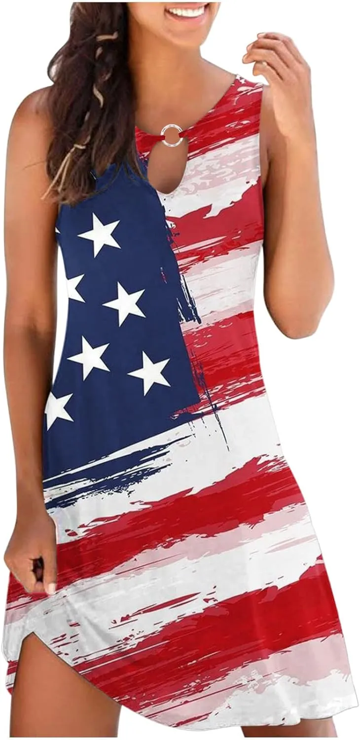 2024 Women Summer Fashion Short Mini Dress Fourth of July Sleeveless Tank Tshirt Dress Casual Loose Beach Sundress