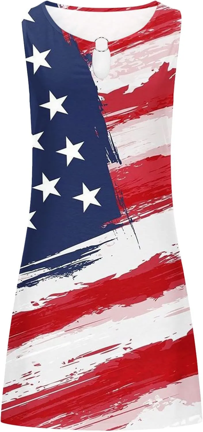 2024 Women Summer Fashion Short Mini Dress Fourth of July Sleeveless Tank Tshirt Dress Casual Loose Beach Sundress