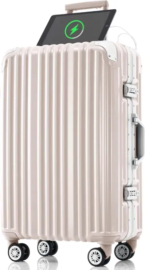 24-Inch Aluminum Frame Luggage with USB Port, Spinner Wheels for Travel, Pink