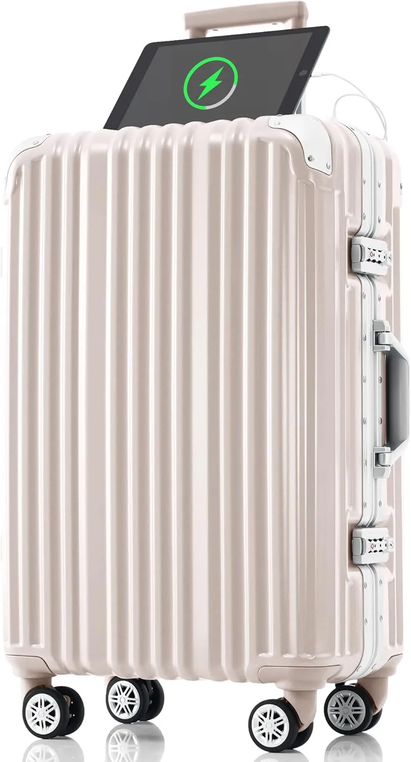 24-Inch Aluminum Frame Luggage with USB Port, Spinner Wheels for Travel, Pink
