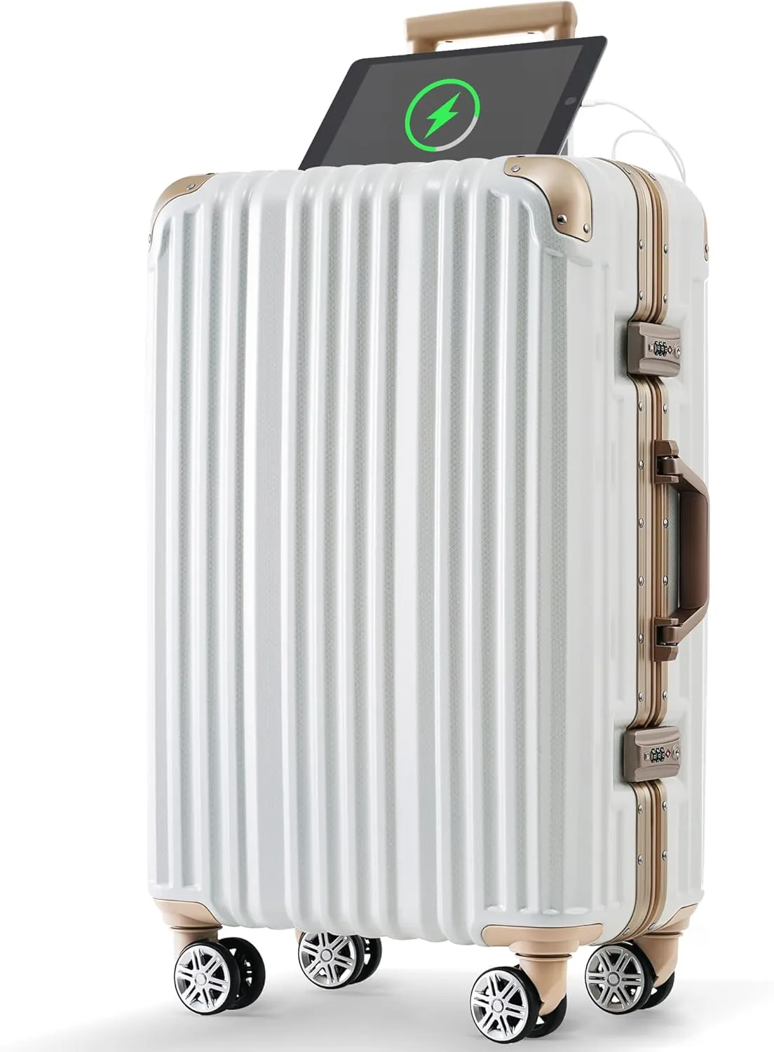 24in Aluminum Frame Luggage with USB Port, Spinner Wheels for Easy Maneuvering, for Business Trips and Beach Holidays, Gloss White