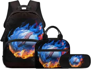 3 in 1 Kids Backpack Bookbag Set for Boys Softball Fire Backpack with Lunch Box Bag and Pencil Bag for Teen Boys Large Capacity Backpack Set with Front Pocket
