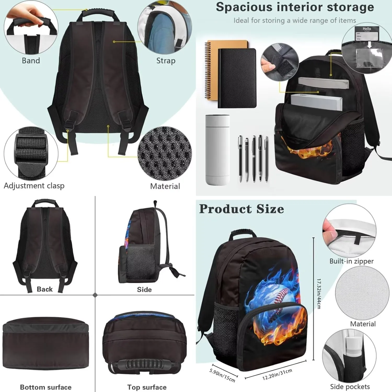 3 in 1 Kids Backpack Bookbag Set for Boys Softball Fire Backpack with Lunch Box Bag and Pencil Bag for Teen Boys Large Capacity Backpack Set with Front Pocket