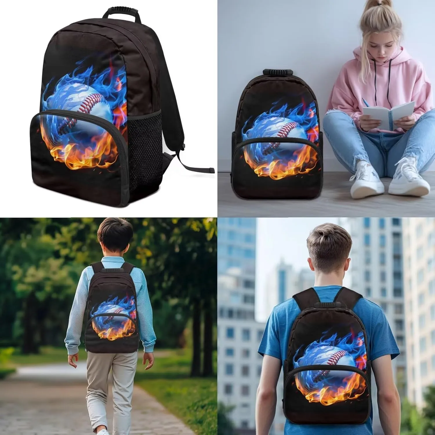3 in 1 Kids Backpack Bookbag Set for Boys Softball Fire Backpack with Lunch Box Bag and Pencil Bag for Teen Boys Large Capacity Backpack Set with Front Pocket
