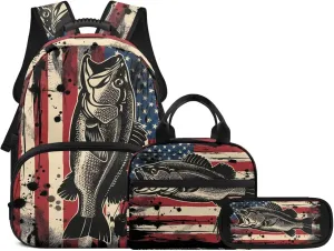 3Pcs Kid Backpack Set American Flag Bass Fish Backpack with Lunch Bag Pencil Case 3 Pack Set Elementary School Bag Bookbag 17 Inch Daypack