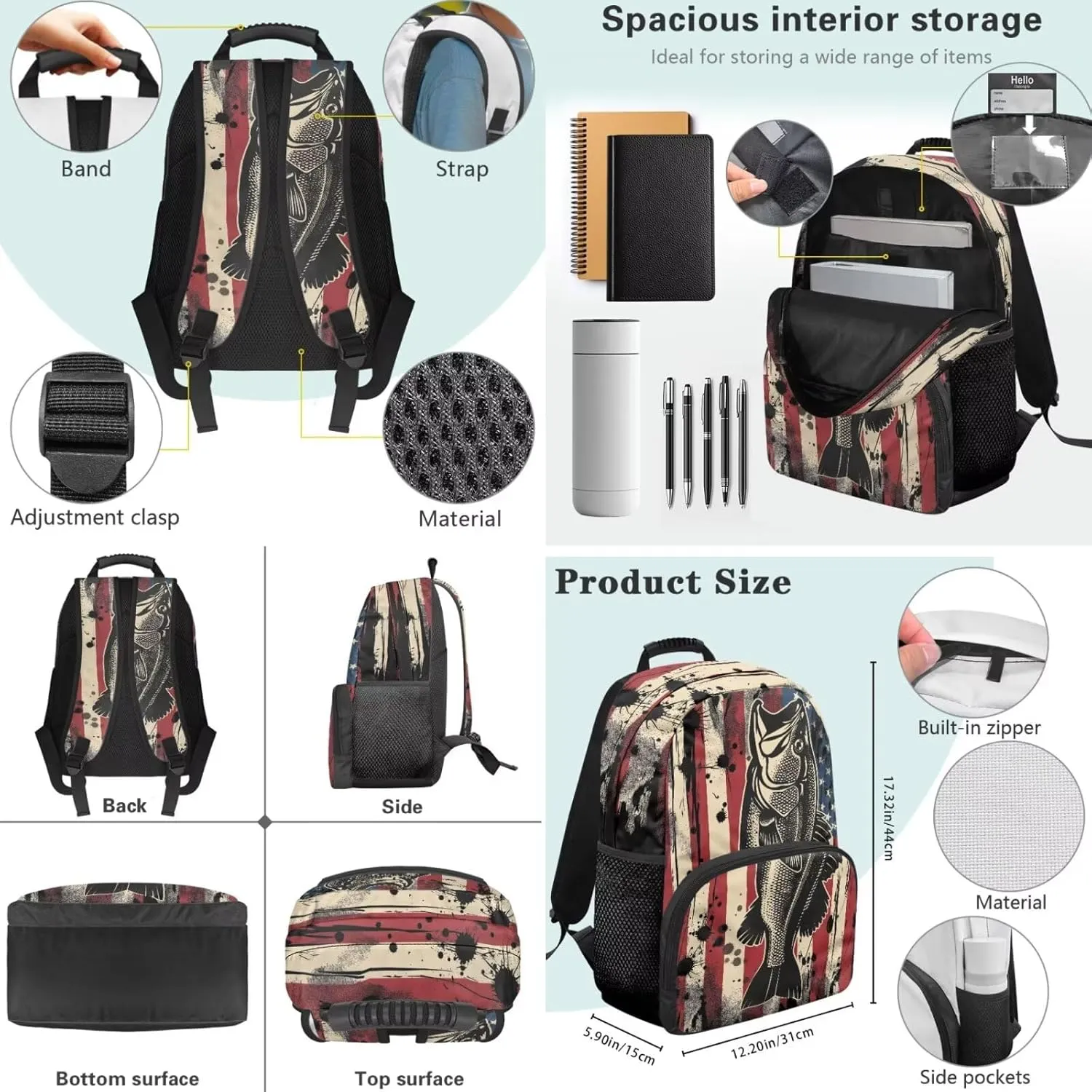 3Pcs Kid Backpack Set American Flag Bass Fish Backpack with Lunch Bag Pencil Case 3 Pack Set Elementary School Bag Bookbag 17 Inch Daypack