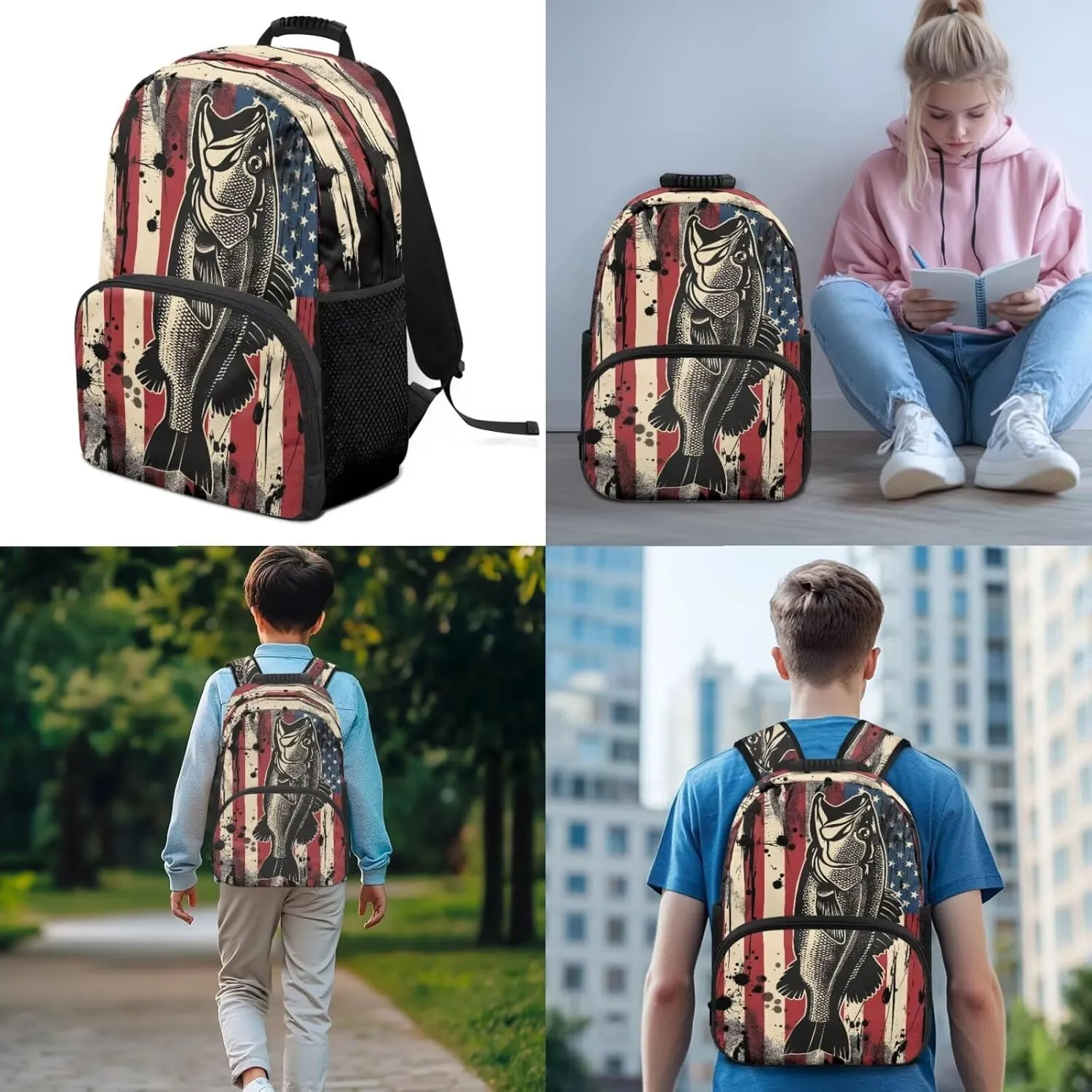 3Pcs Kid Backpack Set American Flag Bass Fish Backpack with Lunch Bag Pencil Case 3 Pack Set Elementary School Bag Bookbag 17 Inch Daypack