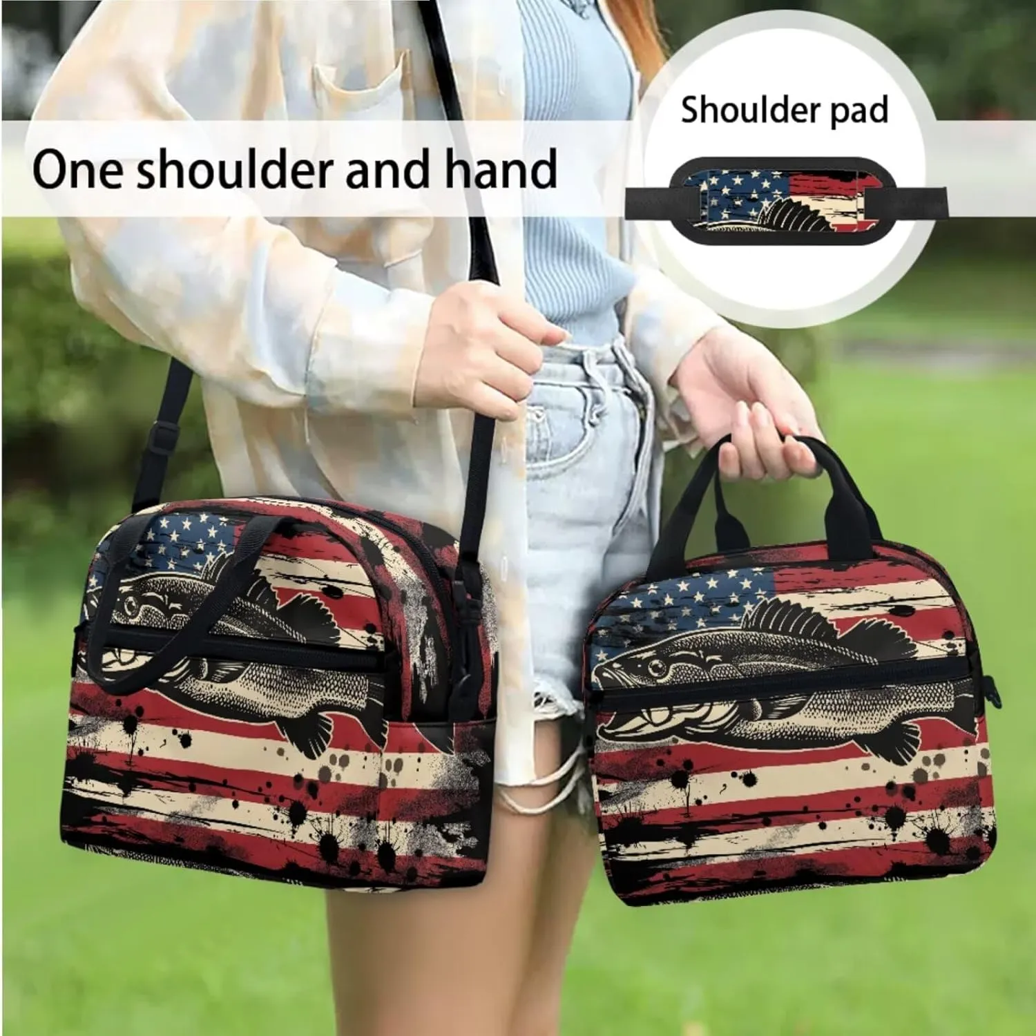 3Pcs Kid Backpack Set American Flag Bass Fish Backpack with Lunch Bag Pencil Case 3 Pack Set Elementary School Bag Bookbag 17 Inch Daypack