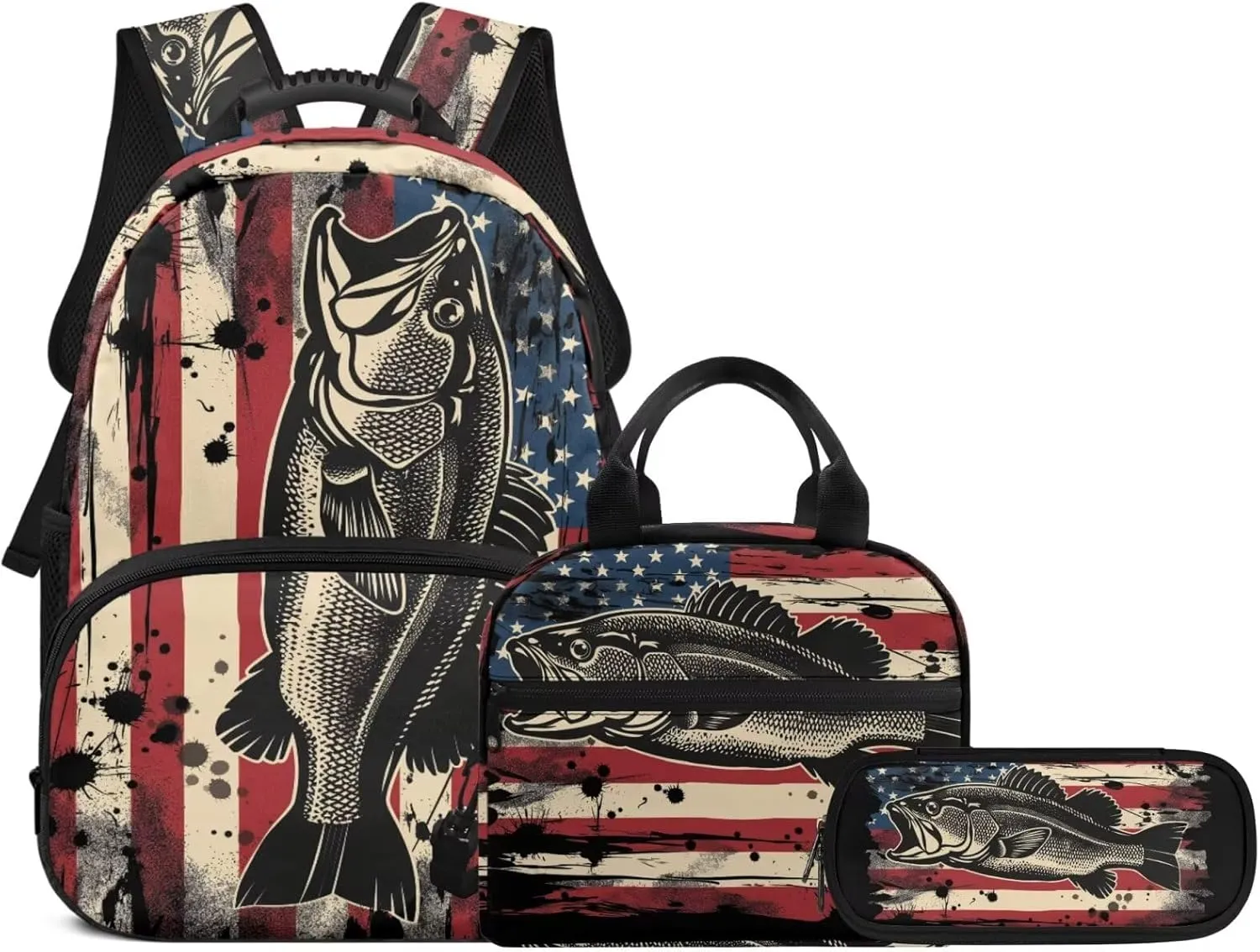 3Pcs Kid Backpack Set American Flag Bass Fish Backpack with Lunch Bag Pencil Case 3 Pack Set Elementary School Bag Bookbag 17 Inch Daypack