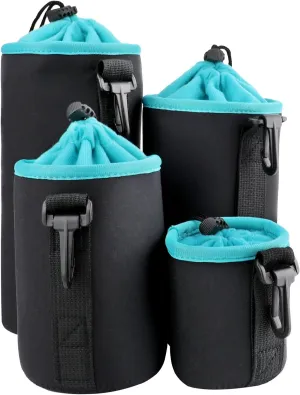 4Pcs Camera Lens Case Bag,4 Sizes Blue Water Resistant Protective Lens Pouch Set With Adjustable Drawstring Rotating Clamp,Replacement Compatible Thick Protective Neoprene for Canon,Nikon,Sony,Pentax