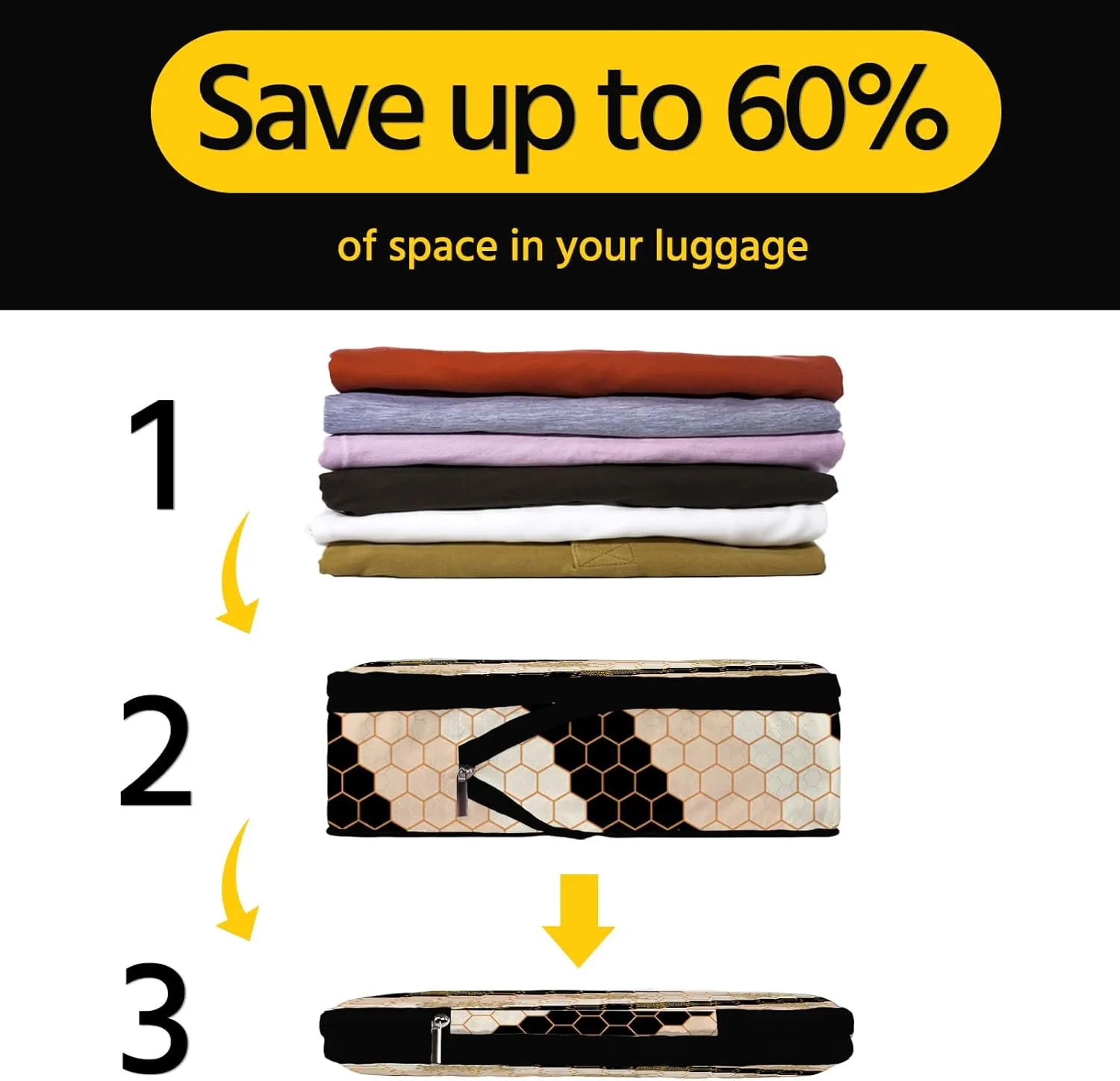 6 Pcs Compression Packing Cubes Waterproof Suitcase Travel Bag Luggage Backpack Organizer Travel Cubes for Packing-Black and Gold Bees