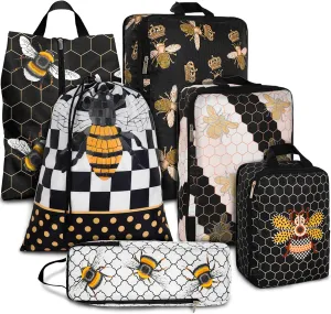 6 Pcs Compression Packing Cubes Waterproof Suitcase Travel Bag Luggage Backpack Organizer Travel Cubes for Packing-Black and Gold Bees