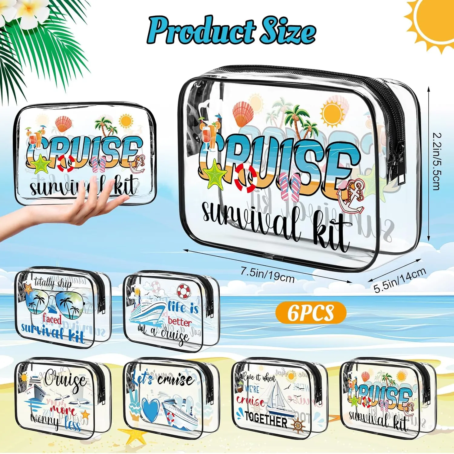 6Pcs Cruise Clear Makeup Bag PVC Cruise Ship Cosmetic Bags Transparent Plastic Pouch with Zipper Waterproof Travel Toiletry Bags Nurse Teacher Dance Gift Survival Kit for Summer Beach Travel