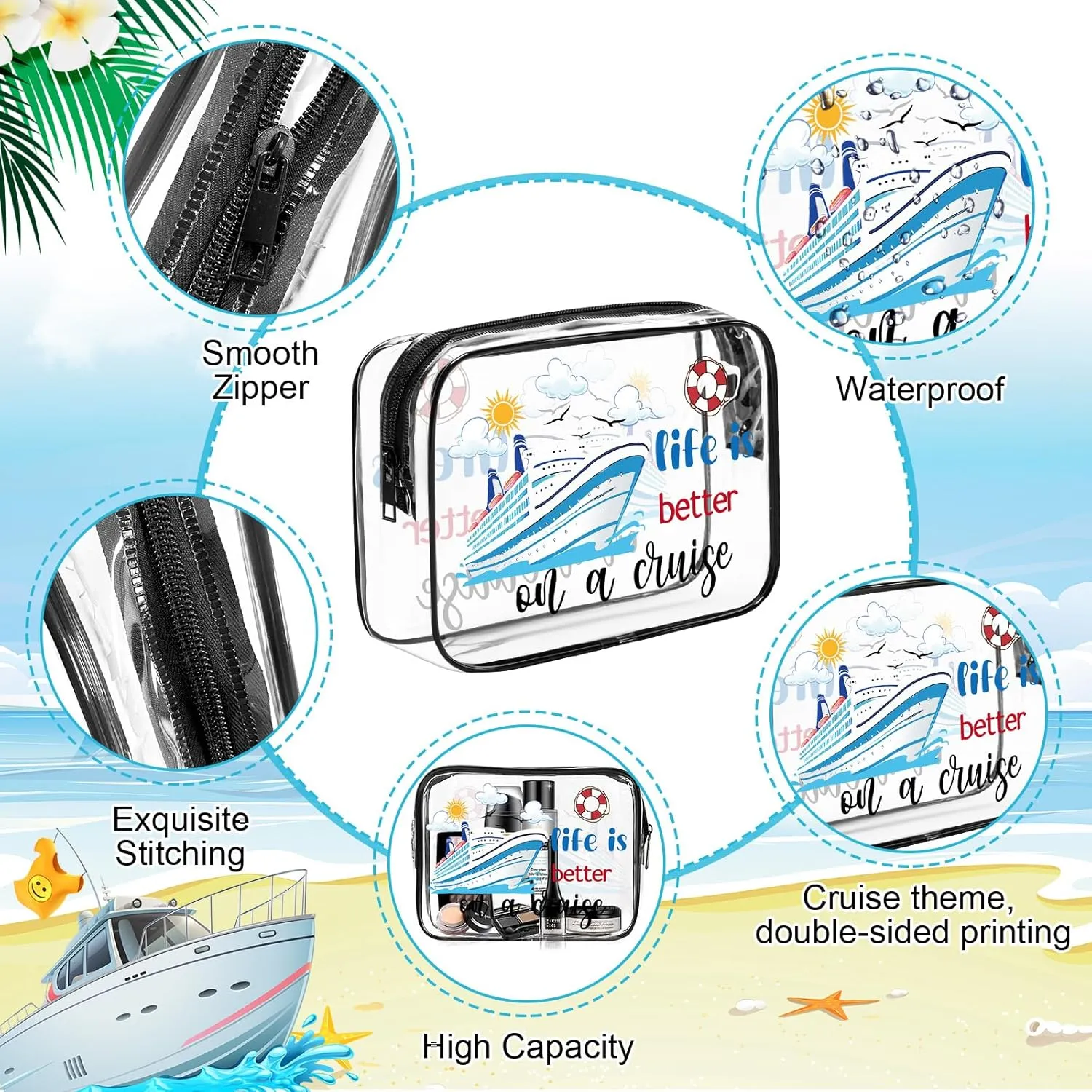 6Pcs Cruise Clear Makeup Bag PVC Cruise Ship Cosmetic Bags Transparent Plastic Pouch with Zipper Waterproof Travel Toiletry Bags Nurse Teacher Dance Gift Survival Kit for Summer Beach Travel