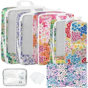 7 Pcs Compression Packing Cubes for Travel, Waterproof Suitcase Luggage Backpack Organizer with Toiletry Bag Travel Essentials for Women/Men-Flowers