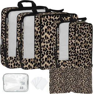 7 Pcs Compression Packing Cubes for Travel, Waterproof Suitcase Luggage Backpack Organizer with Toiletry Bag Travel Essentials for Women/Men-Leopard