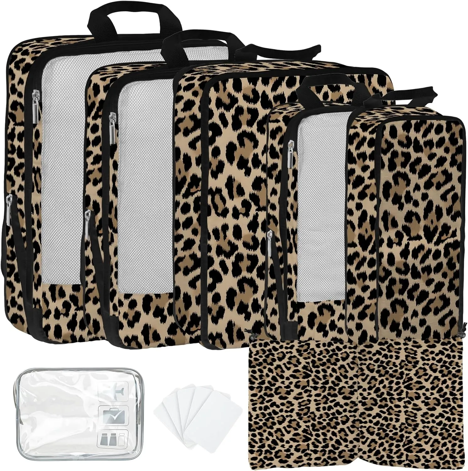 7 Pcs Compression Packing Cubes for Travel, Waterproof Suitcase Luggage Backpack Organizer with Toiletry Bag Travel Essentials for Women/Men-Leopard