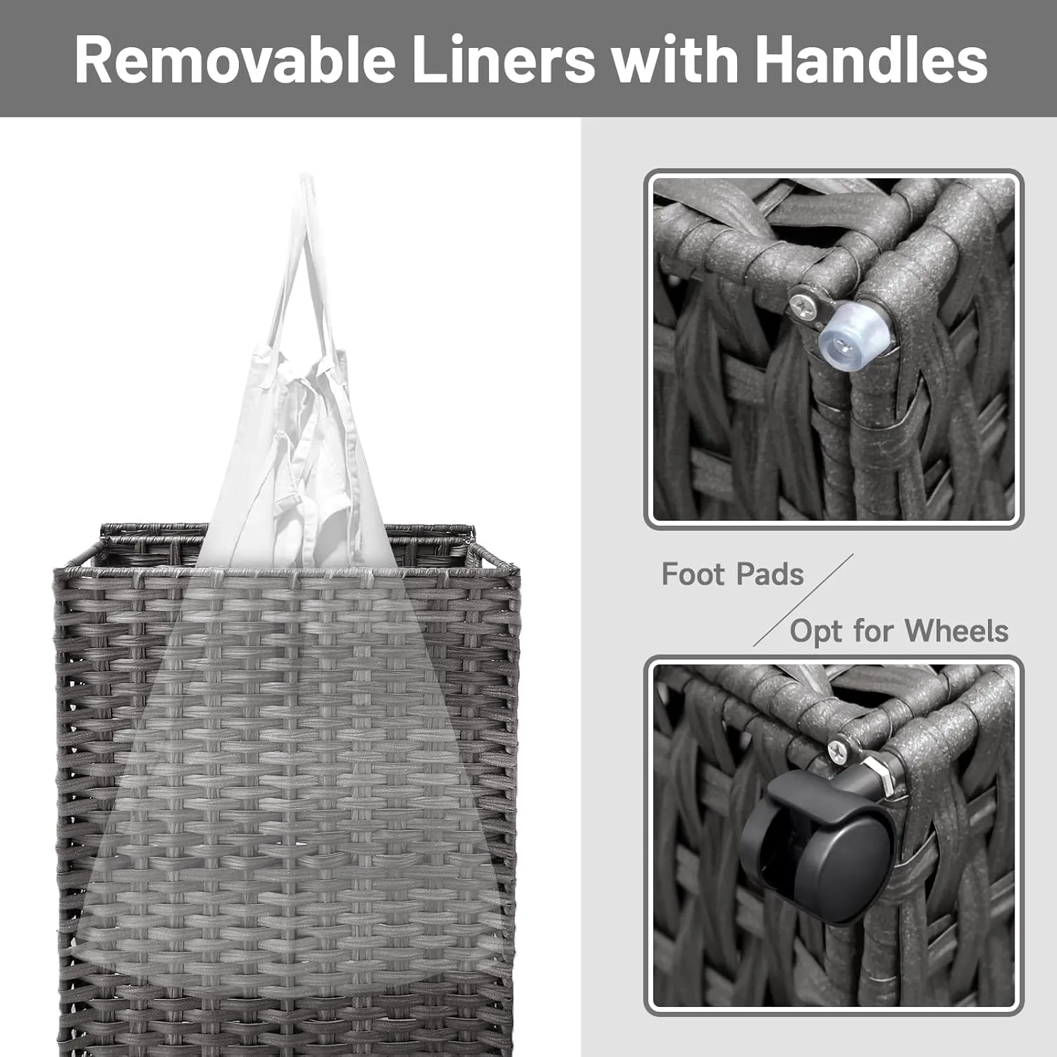 70L Slim Laundry Hamper with Lid & Wheels, Rolling Laundry Basket with 2 Removable Liner Bags & 3 Mesh Bags, Narrow Dirty Clothes Basket, Foldable Handwoven Rattan Laundry Sorter, Grey
