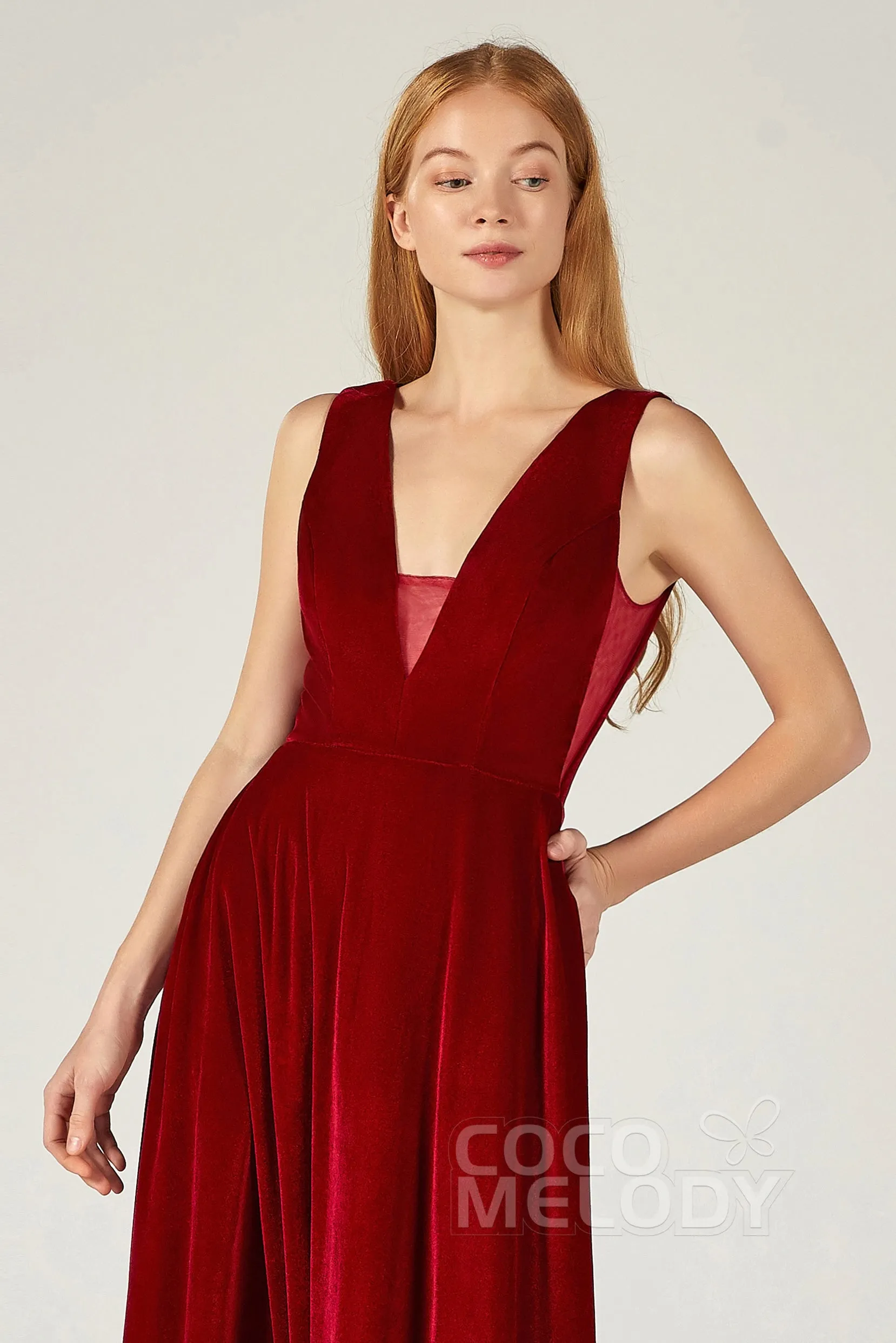 A-Line Floor Length Velvet Bridesmaid Dress CB0364